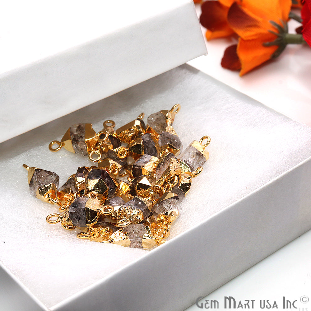 Rough Herkimer Diamond Gemstone 20x8mm Organic Gold Edged Double Bail Connector Charm - GemMartUSA