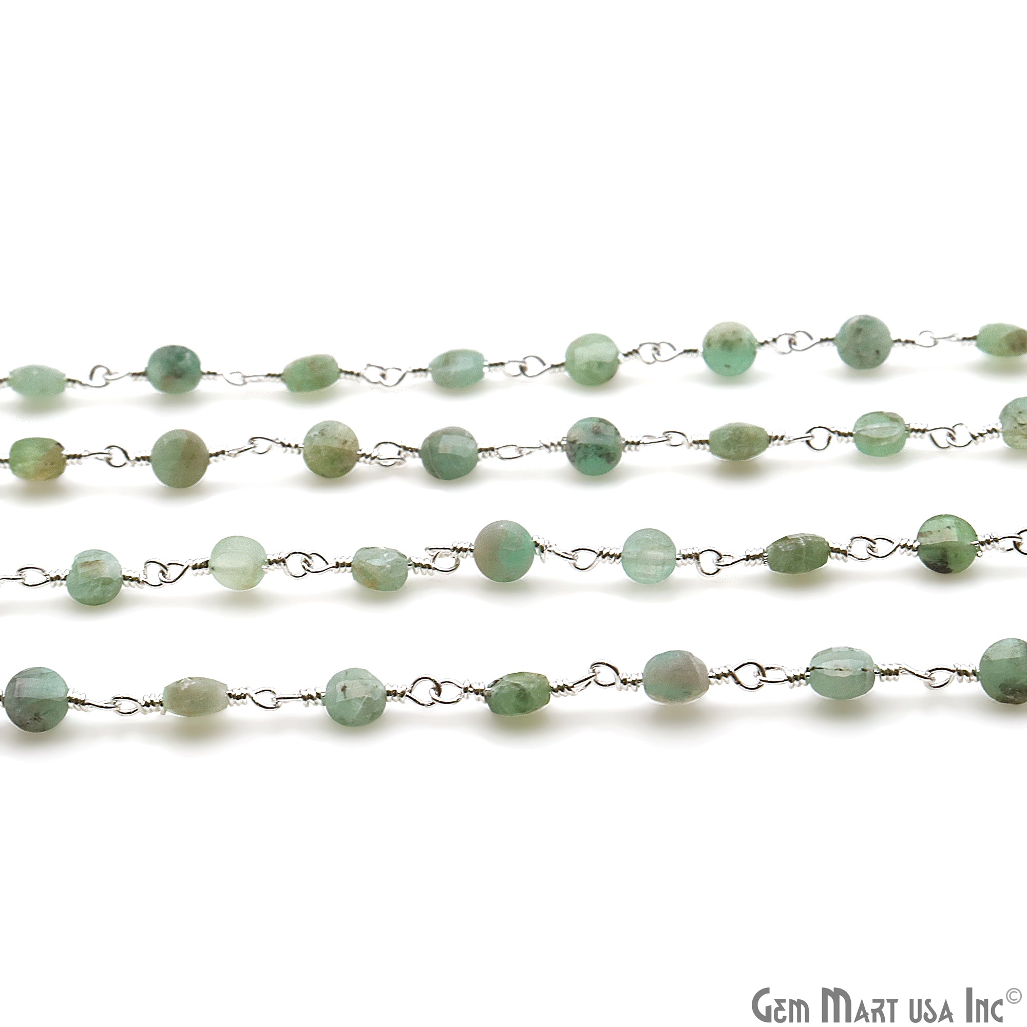 Emerald Faceted 3-4mm Silver Wire Wrapped Rosary Chain - GemMartUSA