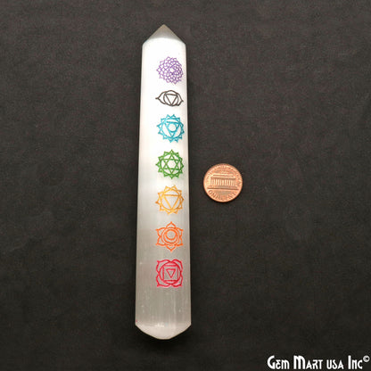 White Selenite Pencil Shape 125x22mm Engraved 7 Chakra Of Life Symbols Healing Meditation Gemstones