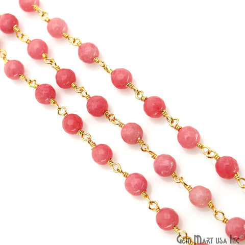Pink Sunstone jade 6mm Beads Gold Plated Wire Wrapped Rosary Chain (763663515695)
