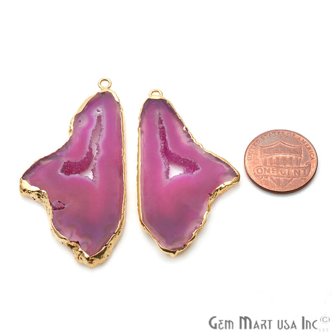Agate Slice 26x51mm Organic Gold Electroplated Gemstone Earring Connector 1 Pair - GemMartUSA