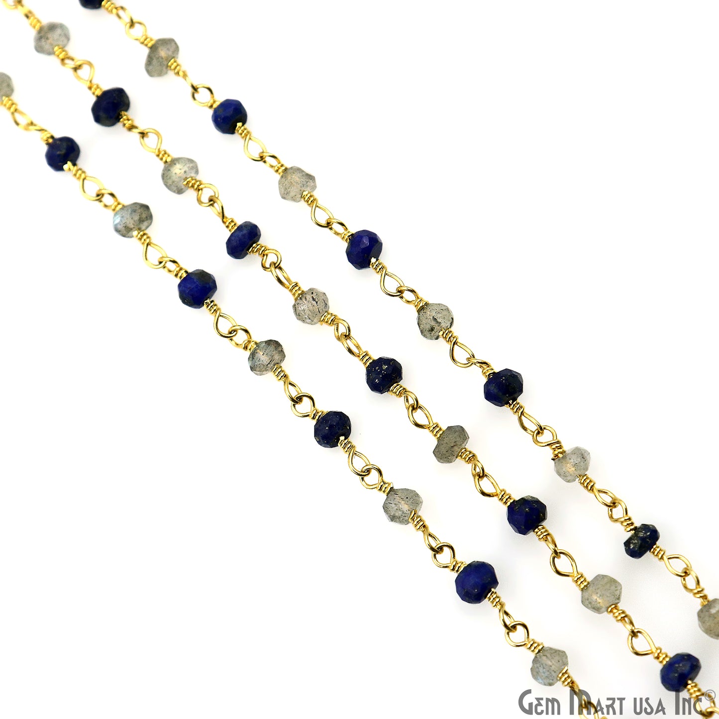 Lapis & Labradorite 3-3.5mm Gold Plated Faceted Beads Wire Wrapped Rosary Chain