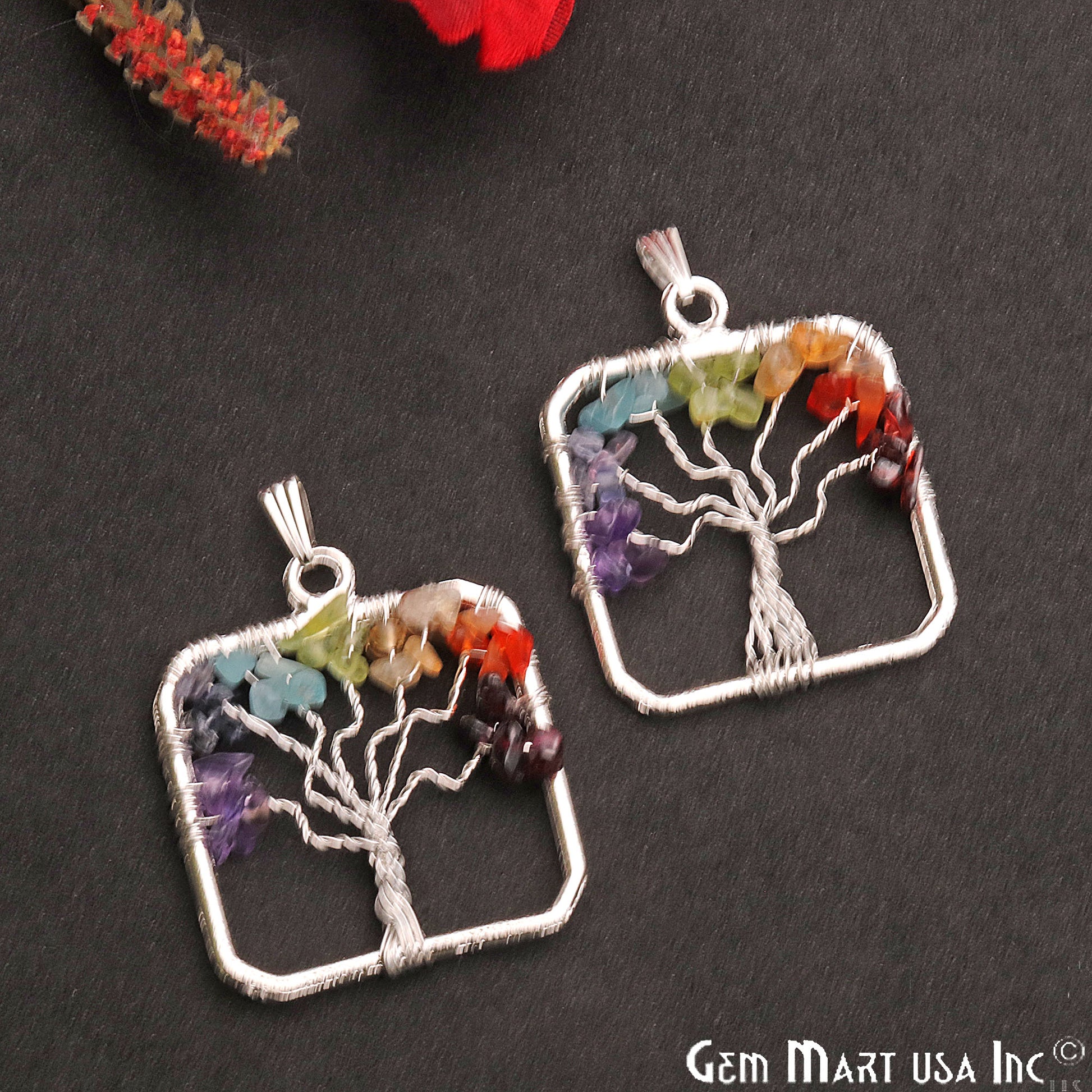 Multi Color Tree Of Life 39x35mm Silver Wire Wrapped Square Shape Pendant - GemMartUSA