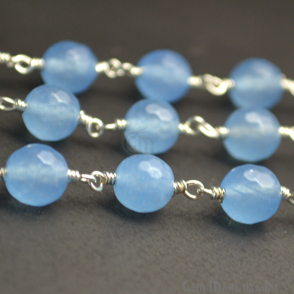 Baby Blue Jade Beads Silver Plated Wire Wrapped Rosary Chain (763812347951)