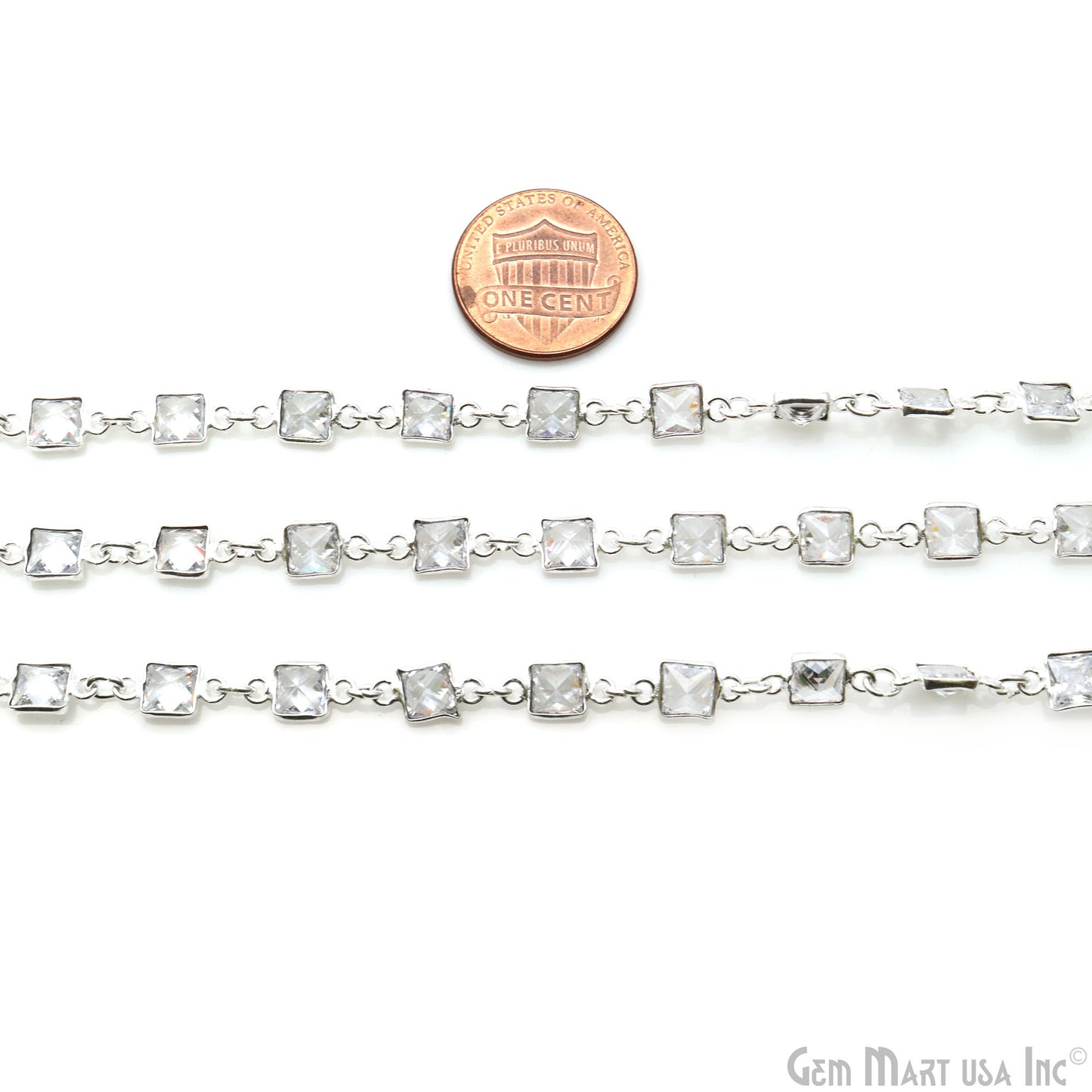 White Zircon Faceted Square 5mm Silver Plated Continuous Connector Chain