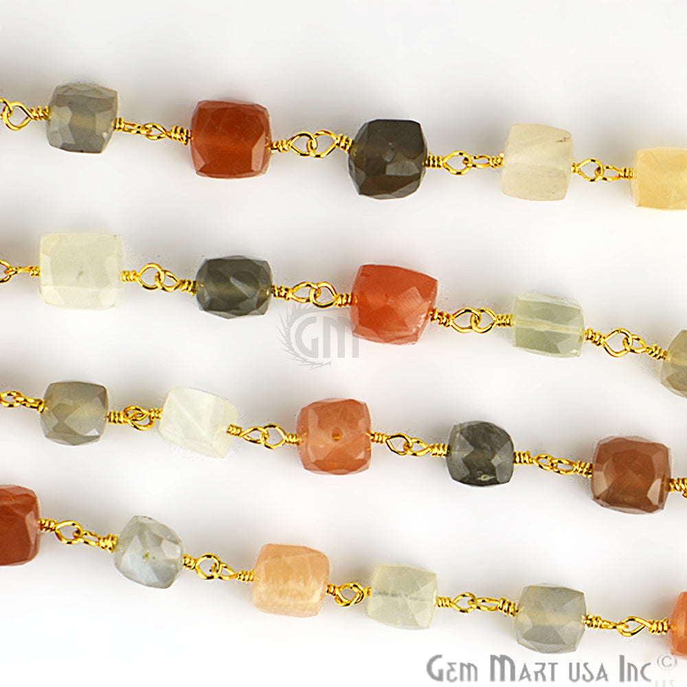 Multi Moonstone Gold Plated Wire Wrapped Beads Rosary Chain - GemMartUSA (763718369327)