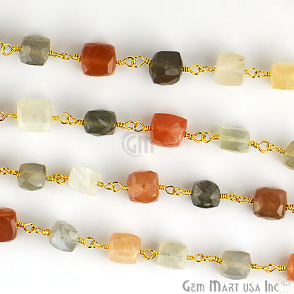 Multi Moonstone Gold Plated Wire Wrapped Beads Rosary Chain - GemMartUSA (763718369327)