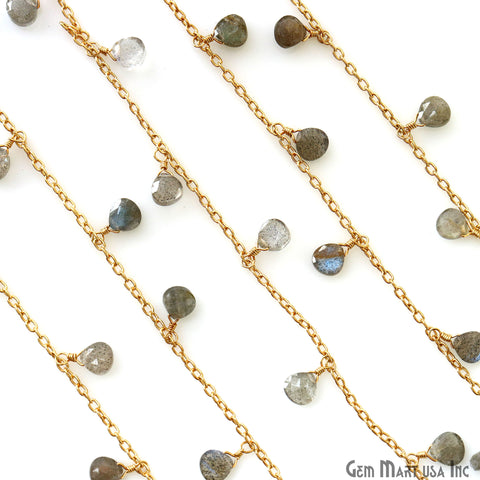 Labradorite Heart 5mm Gold Wire Wrapped Dangle Rosary Chain