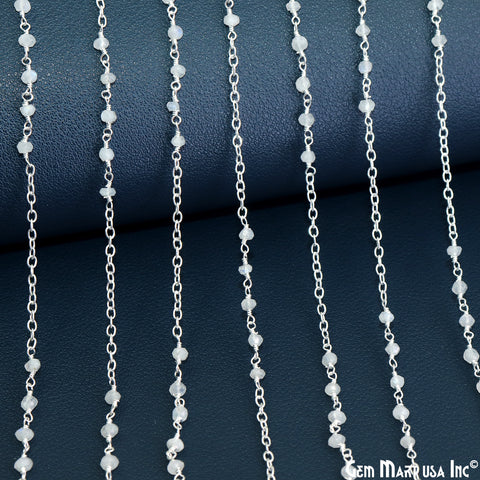 Rainbow Moonstone Faceted Beads 3-3.5mm Gemstone Beaded Silver Plated Wire Wrapped Rosary Chain