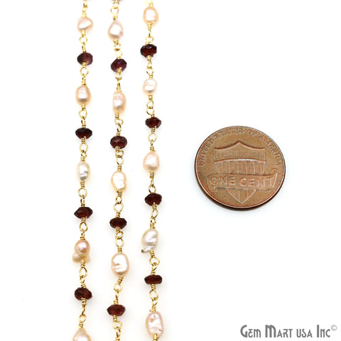 Garnet & Pink Pearl Gold Plated Wire Wrapped Rosary Chain