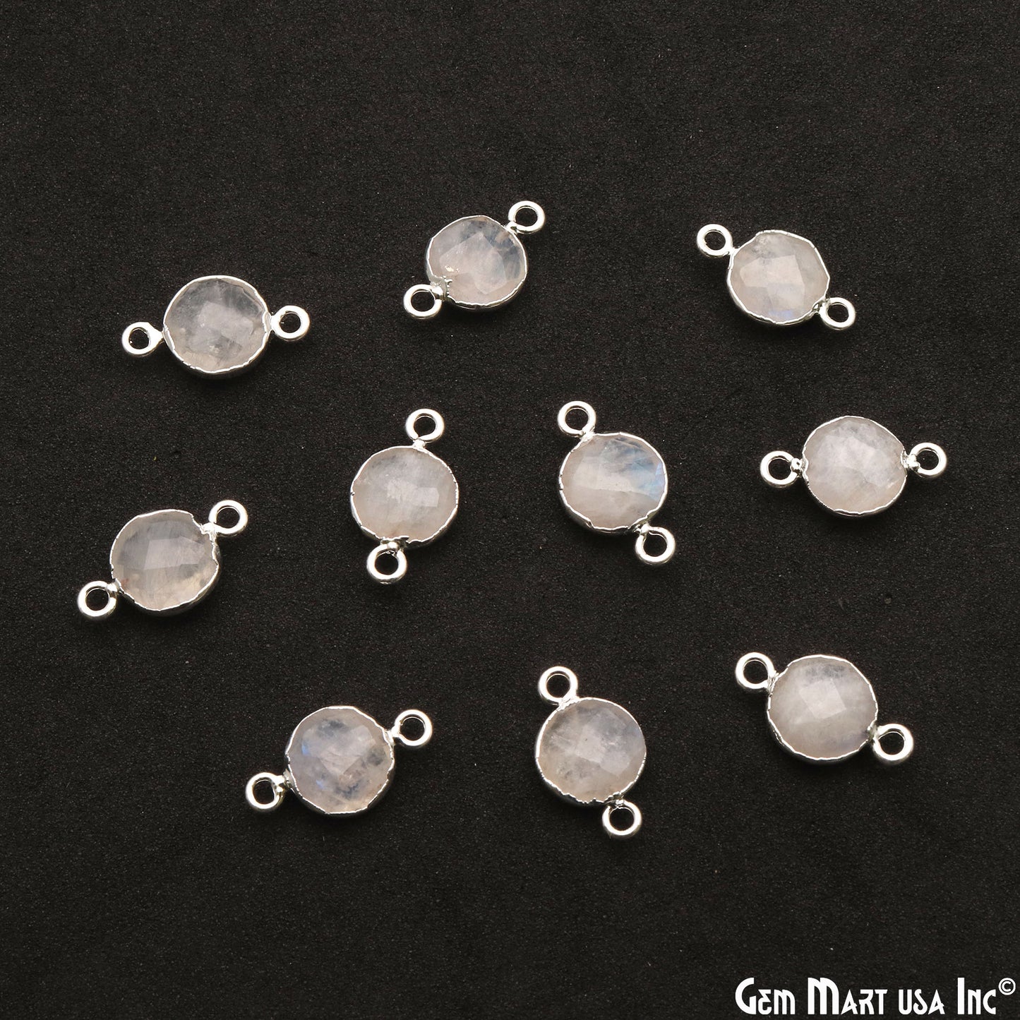 Rainbow Moonstone Round 10mm Double Bail Silver Electroplated Connector