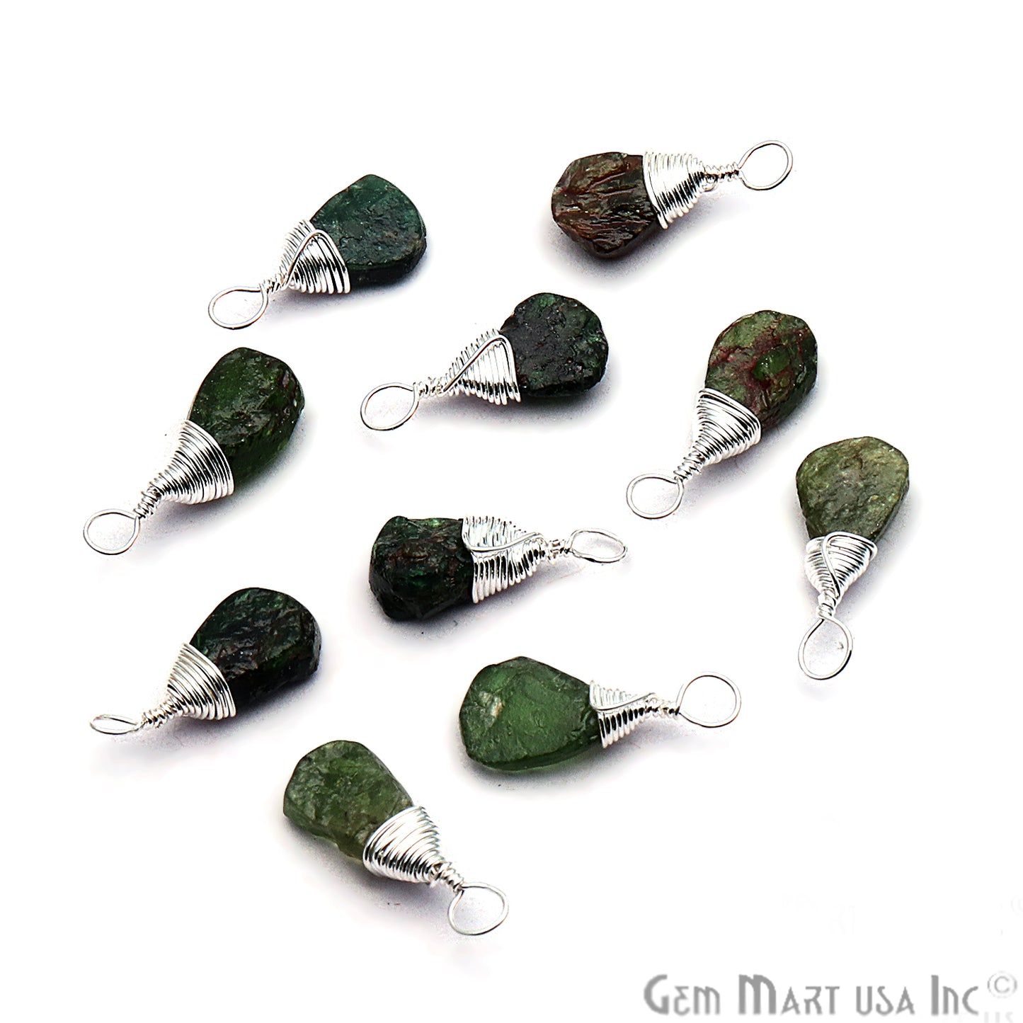 Green Garnet Silver Wire Wrapped 15x7mm Jewelry Making Drop Shape Connector - GemMartUSA