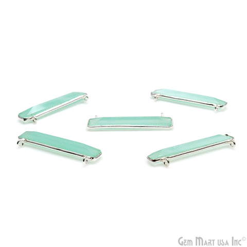 Aqua Chalcedony Rectangle Bar Pendant 36x9mm Silver Plated Double Bail Connector