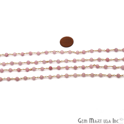 Rose Chalcedony 4mm Round Gold Plated Wire Wrapped Matte Beads Rosary Chain - GemMartUSA