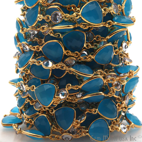 Sky Blue Chalcedony & Crystal Gold Plated Bezel Link Continuous Connector Chain - GemMartUSA