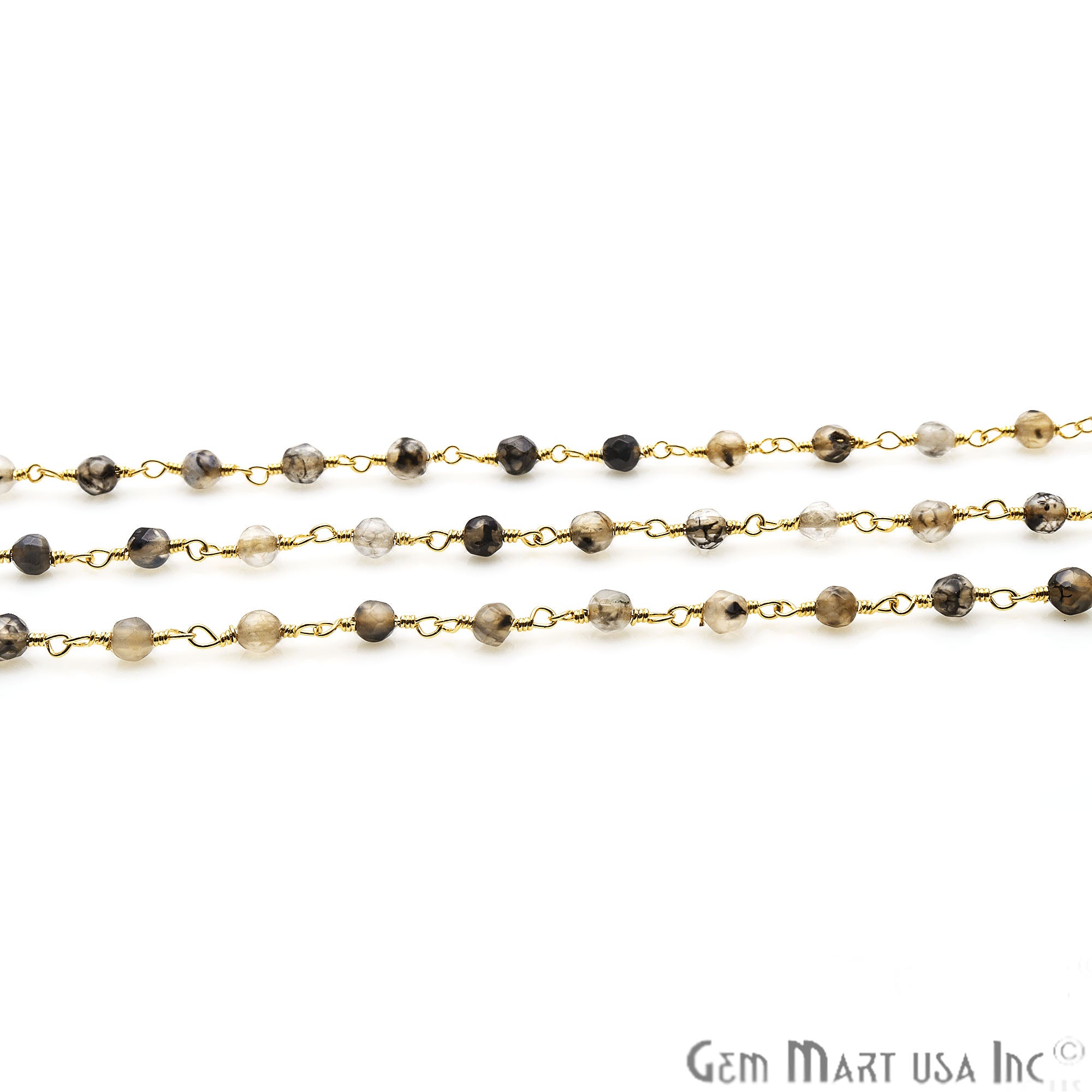 Brown Rutile Jade Faceted Beads 4mm Gold Plated Wire Wrapped Rosary Chain - GemMartUSA