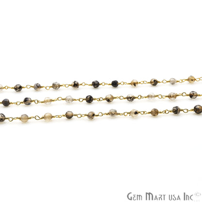 Brown Rutile Jade Faceted Beads 4mm Gold Plated Wire Wrapped Rosary Chain - GemMartUSA