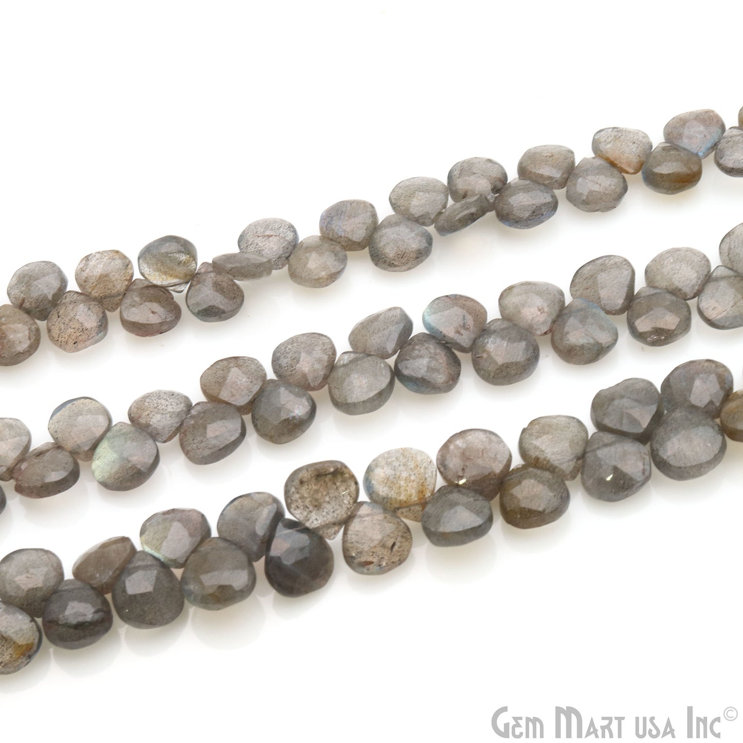 Labradorite Heart Beads, 8.5 Inch Gemstone Strands, Drilled Strung Briolette Beads, Heart Shape, 6-7mm