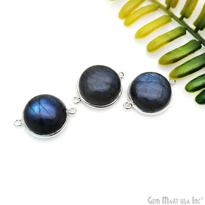 Flashy Labradorite Cabochon 16mm Round Double Bail Silver Plated Gemstone Connector