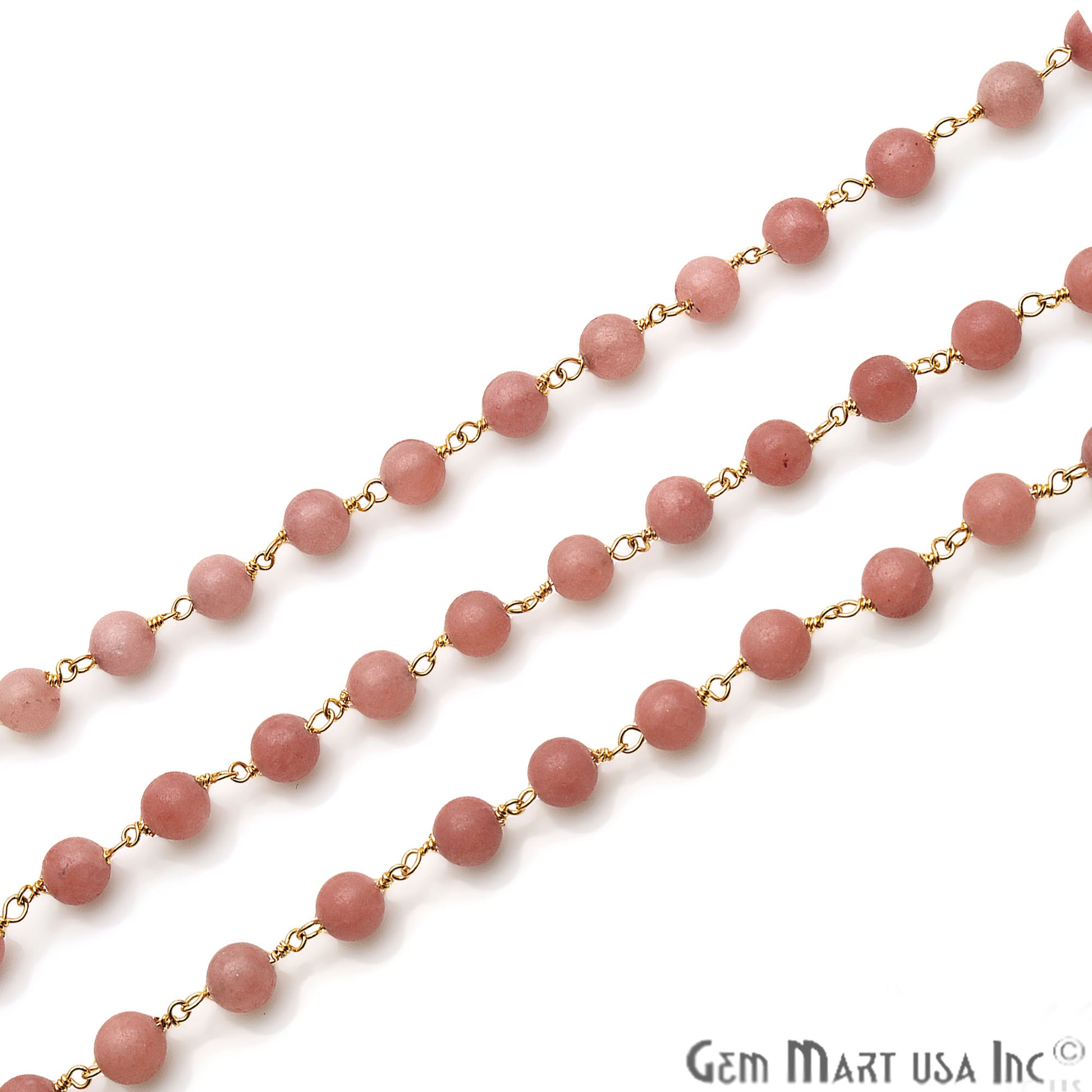 Pink Peach Jade Smooth Beads 6mm Gold Plated Wire Wrapped Rosary Chain - GemMartUSA