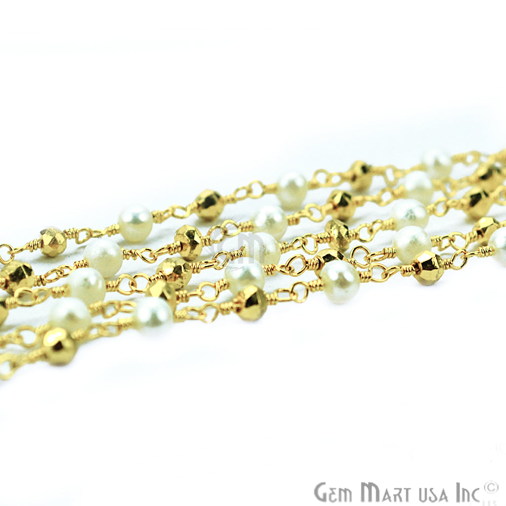 Golden Pyrite With Pearl Gold Plated Wire Wrapped Beads Rosary Chain - GemMartUSA