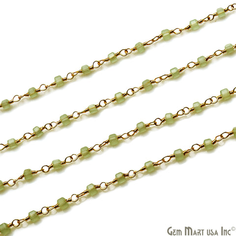 Prehnite Cube Faceted 2mm Gold Wire Wrapped Rosary Chain - GemMartUSA