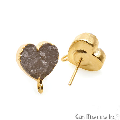 Heart Shape 16x13mm Gold Plated Loop Connector White Druzy Stud Earrings (WZ-90014) - GemMartUSA