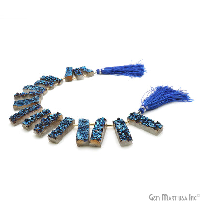 Blue Druzy Rectangle Beads, 8 Inch Gemstone Strands, Drilled Strung Briolette Beads, Rectangle Shape, 25X8mm