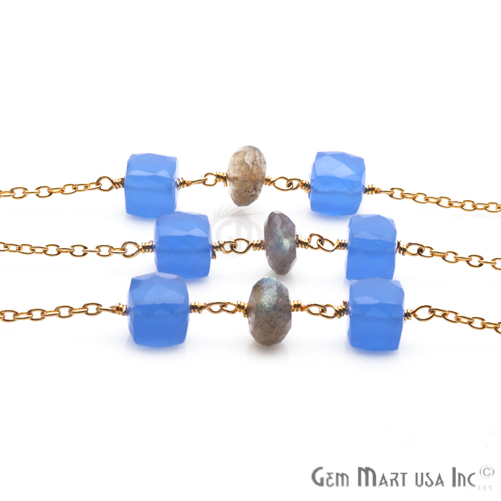 Labradorite 8-9mm Blue Chalcedony 7-8mm Beaded Gold Plated Wire Wrapped Rosary Chain