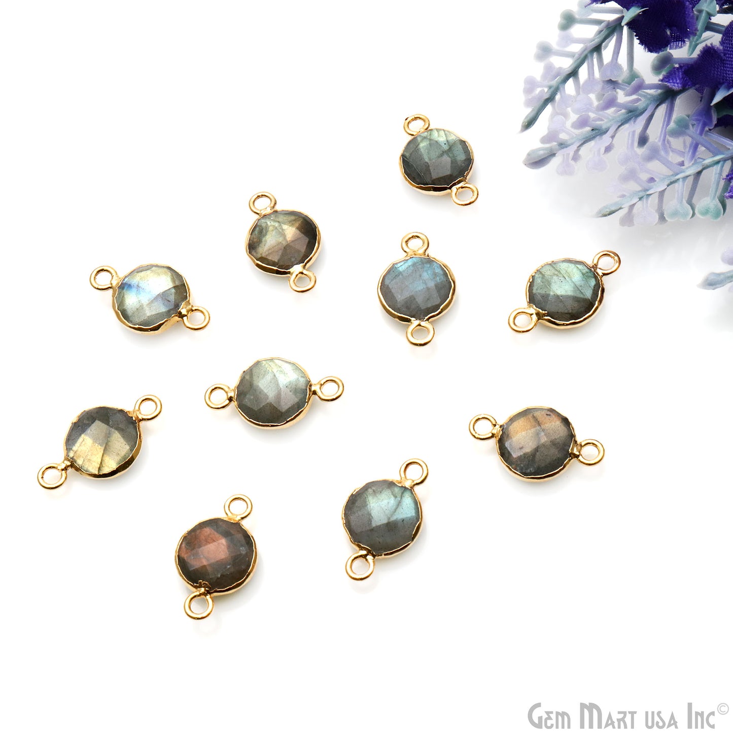 Labradorite Round 10mm Gold Electroplated Double Bail Gemstone Connector