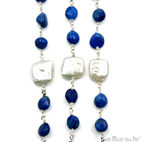 Lapis Tumble Beads 8x5mm & Pearl 12mm Beads Silver Plated Rosary Chain