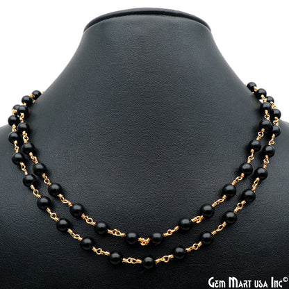 Black Jade Cabochon Beads 6mm Gold Wire Wrapped Rosary Chain