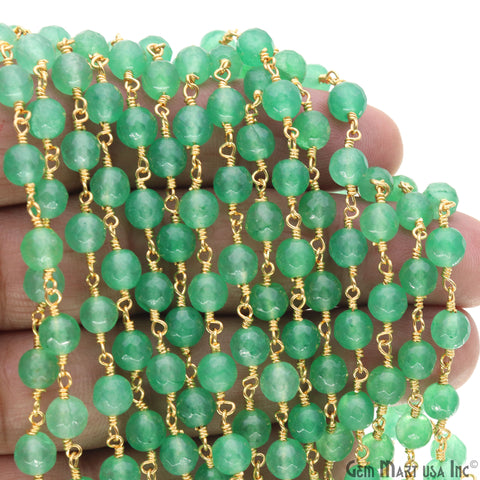 Baby Green Jade Cabochon 6mm Beads Gold Wire Wrapped Rosary Chain