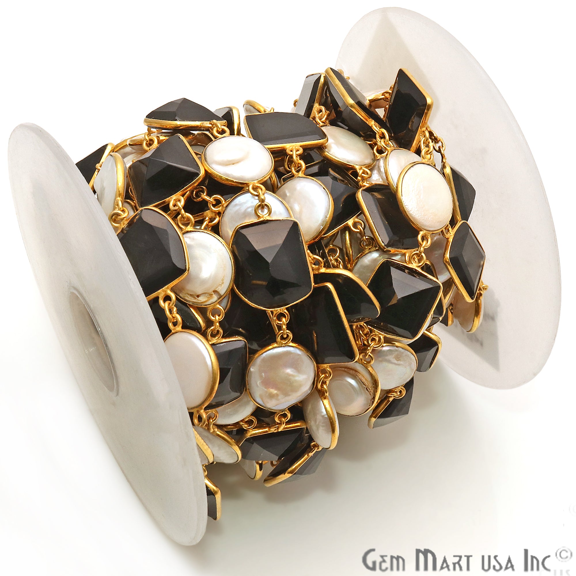 Black Onyx With Pearl Round 10-15mm Gold Bezel Continuous Connector Chain - GemMartUSA