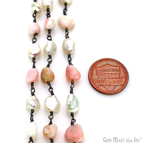 Pink Opal Tumble Beads 8x5mm & Pearl 5-6mm Beads Oxidized Rosary Chain