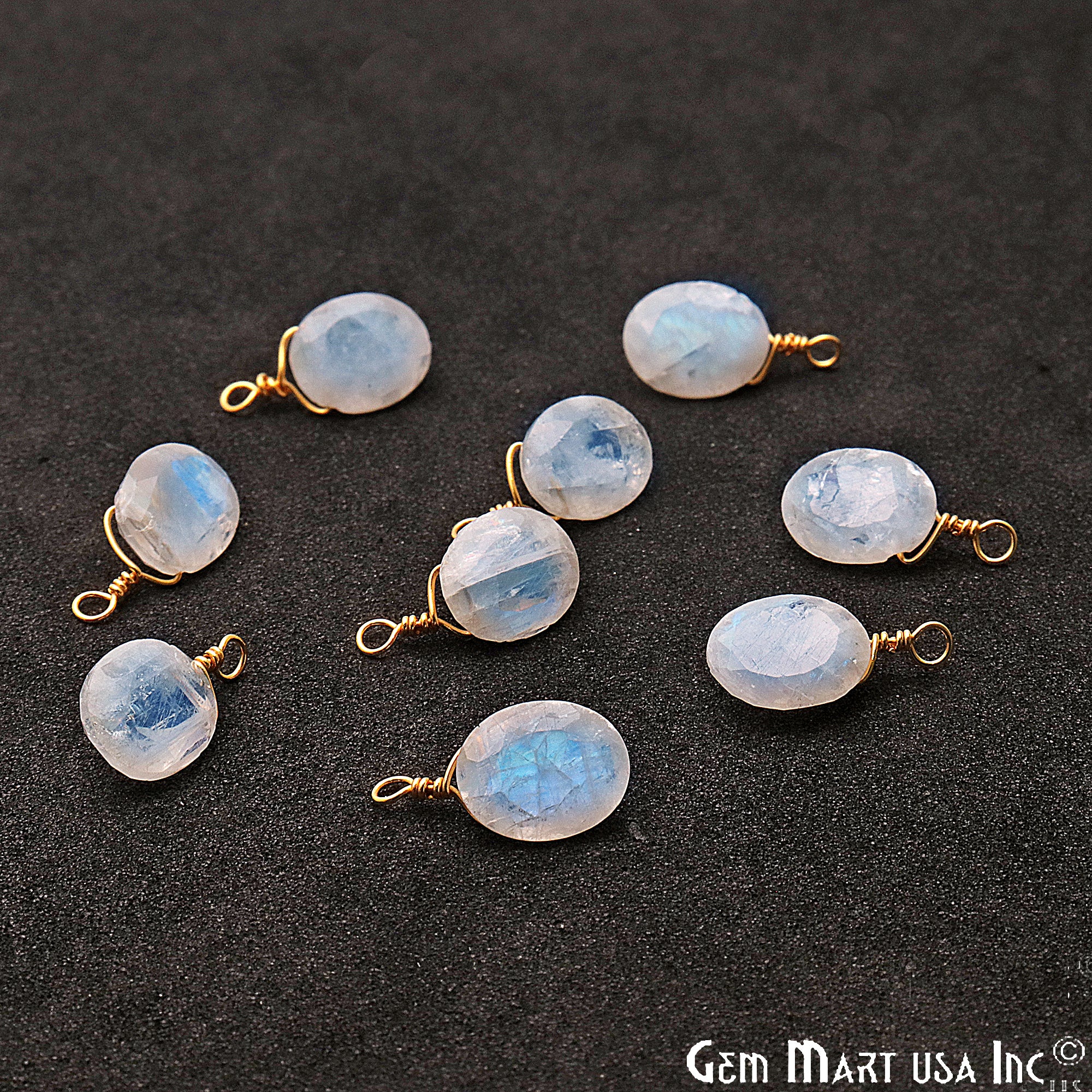Rainbow Moonstone 8x10mm Oval Single Bail Gold Wire Wrapped Gemstone Connector - GemMartUSA