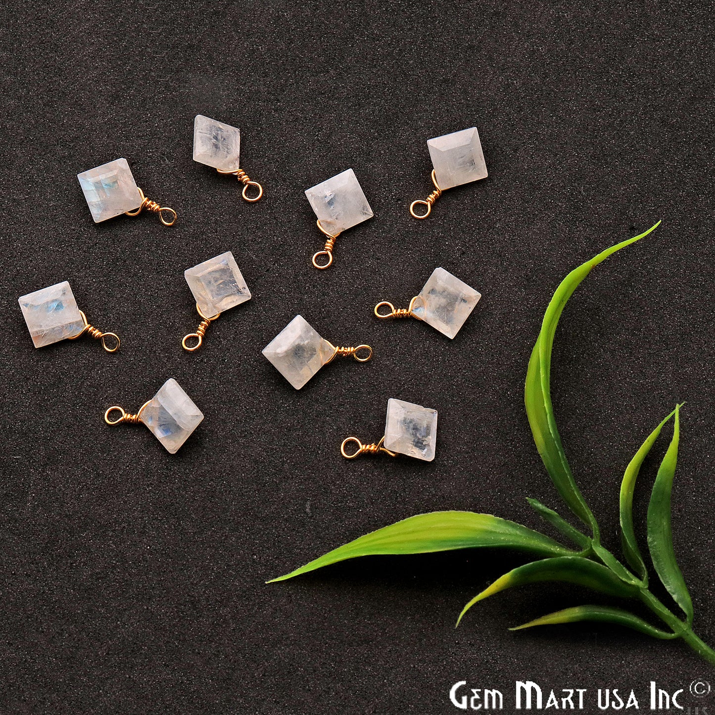 Rainbow Moonstone 7mm Square Single Bail Gold Wire Wrapped Gemstone Connector - GemMartUSA