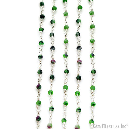 Ruby Zoisite 2-2.5mm Tiny Beads Silver Plated Wire Wrapped Rosary Chain