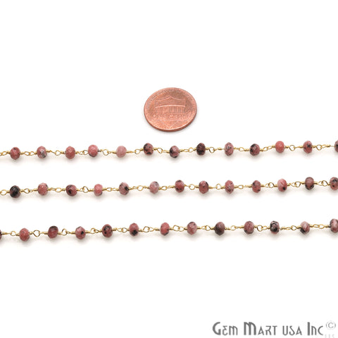 Rhodochrosite Jade Faceted Beads 4mm Gold Plated Wire Wrapped Rosary Chain - GemMartUSA