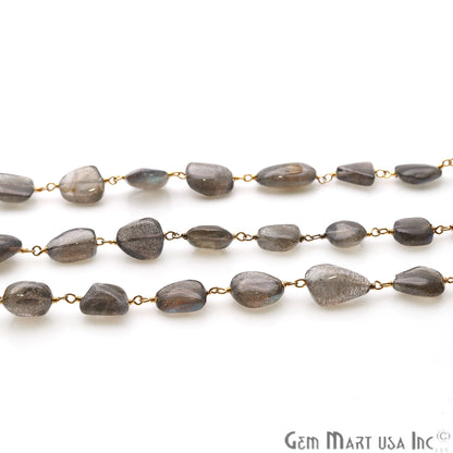 Labradorite Free Form Beads 10x6mm Gold Plated Wire Wrapped Rosary Chain - GemMartUSA