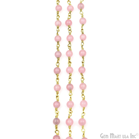 Pink Jade Cabochon 4mm Gold Wire Wrapped Rosary Chain