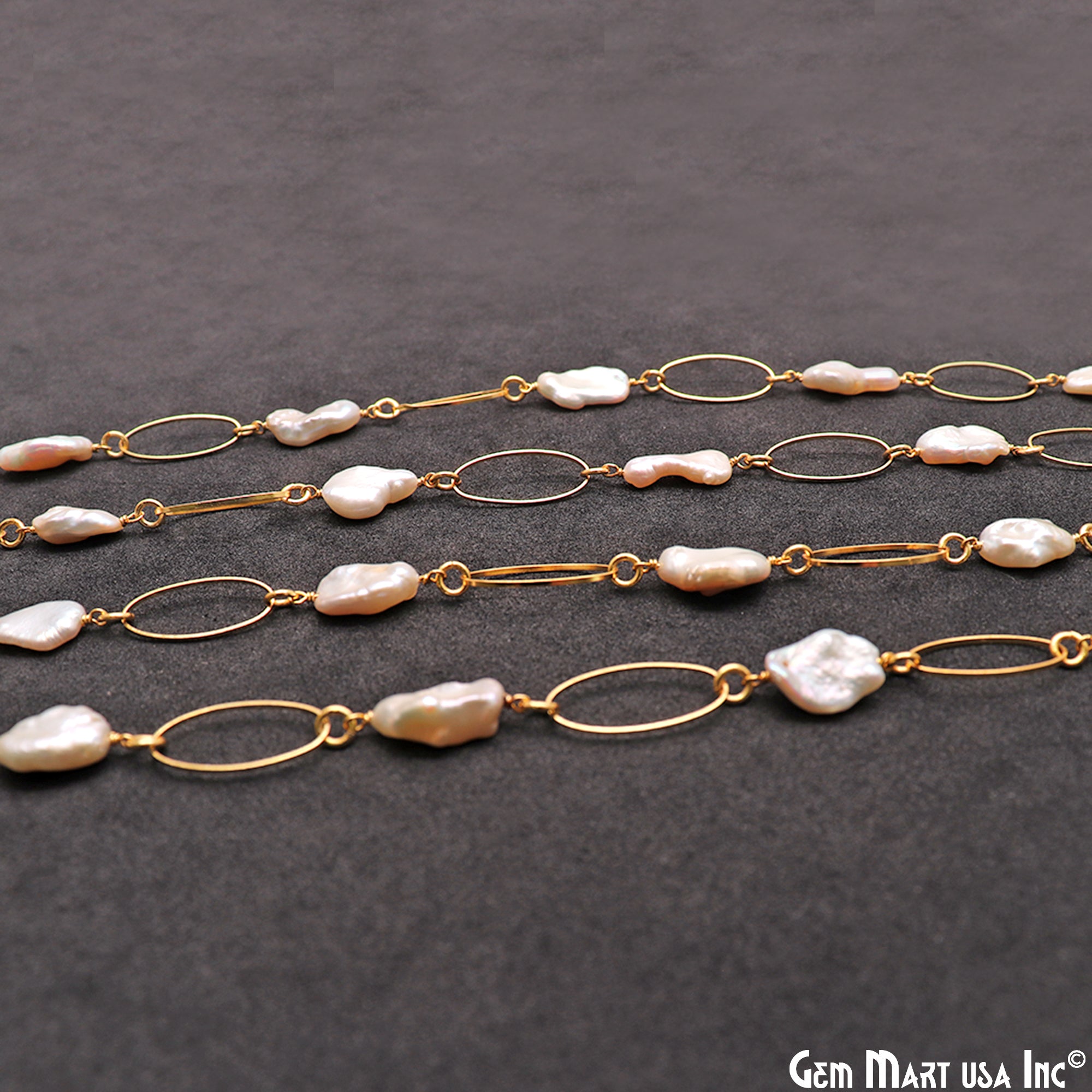 Pearl Beads With Gold Plated Oval Finding Rosary Chain - GemMartUSA