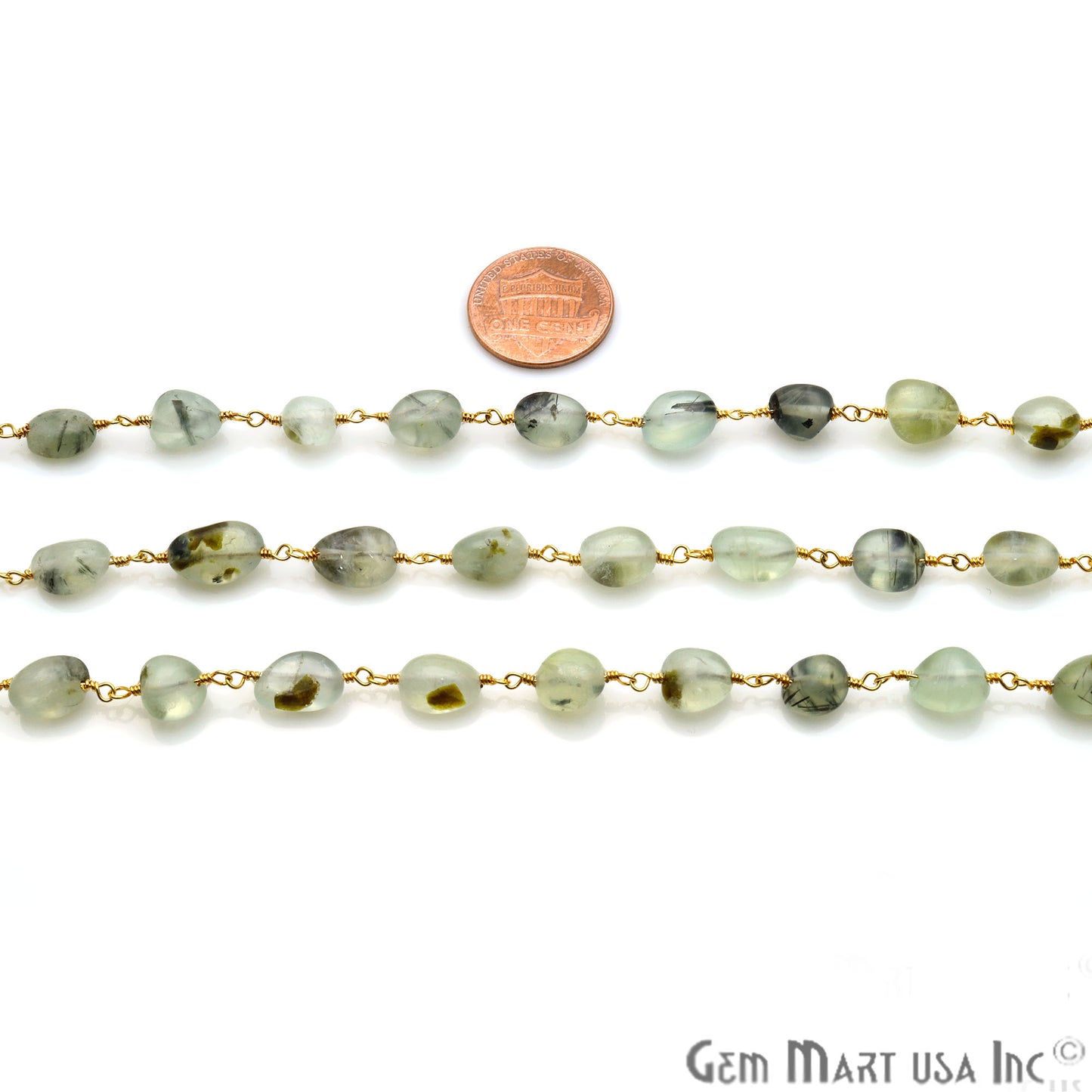 Fluorite Tumble Beads 10x6mm Gold Plated Wire Wrapped Rosary Chain - GemMartUSA