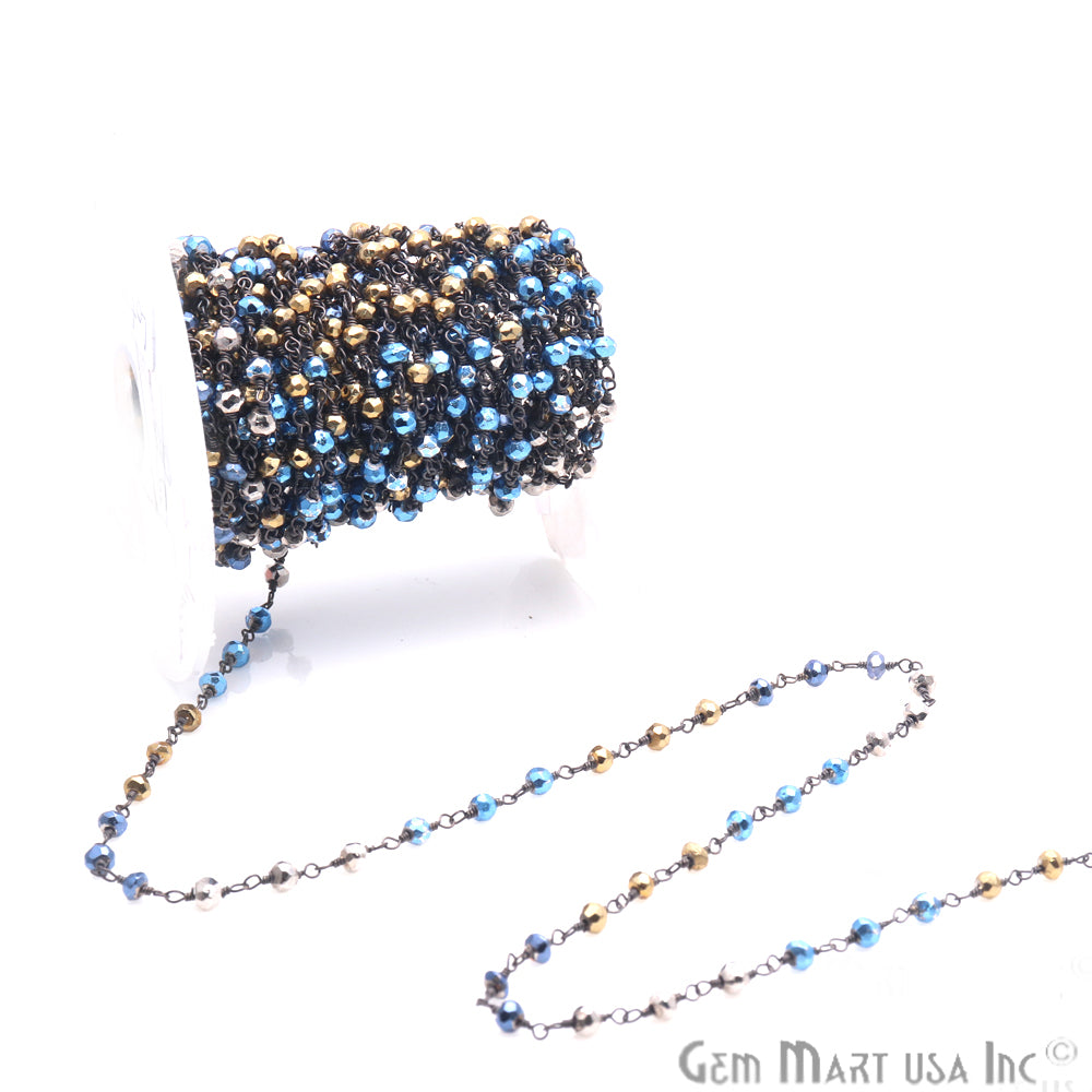 Metallic Blue Ray Pyrite & Metallic Golden Oxidized Wire Wrapped Beaded Rosary Chain - GemMartUSA
