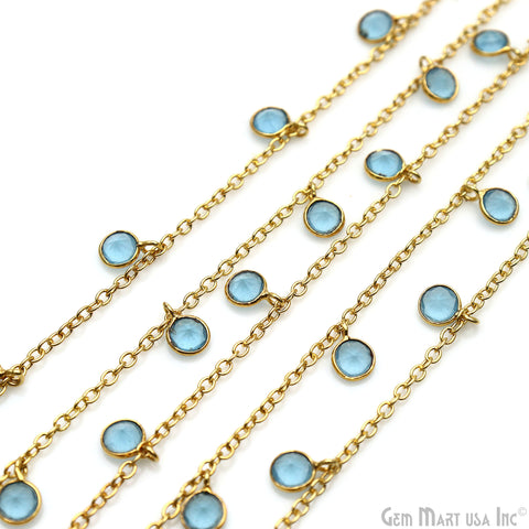 Sky Blue Chalcedony Round 5mm Gold Plated Bezel Connector Dangle Rosary Chain
