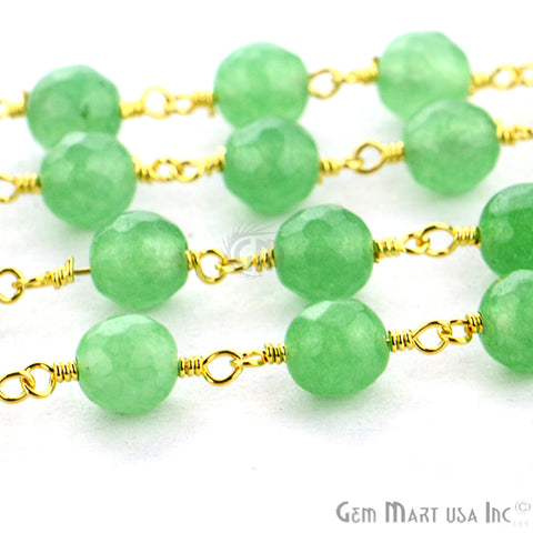 Green Jade Faceted Beads 6mm Gold Wire Wrapped Rosary Chain