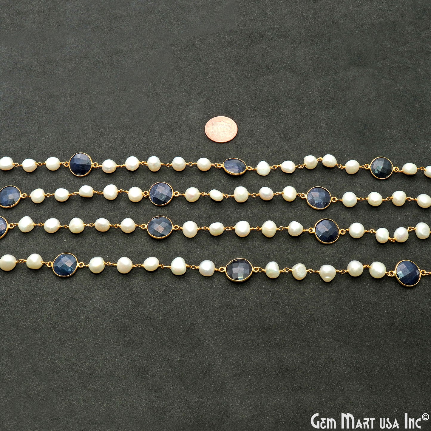 Pearl & Sapphire Gold Wire Wrapped Beaded Rosary Chain