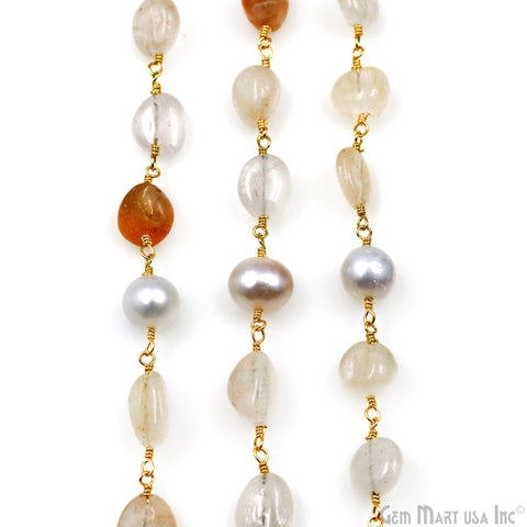 Sunstone Tumble & Gray Pearl Gold Plated Wire Wrapped Rosary Chain