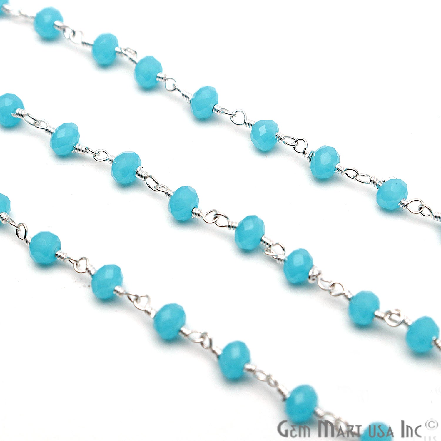 Aqua Chalcedony Faceted Beads Silver Plated Wire Wrapped Rosary Chain - GemMartUSA