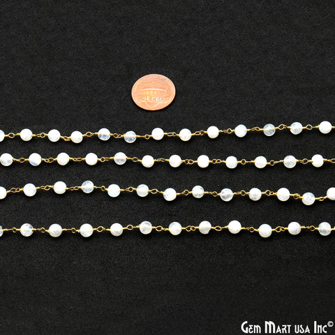 Rainbow Moonstone 4mm Round Smooth Beads Gold Plated Rosary Chain